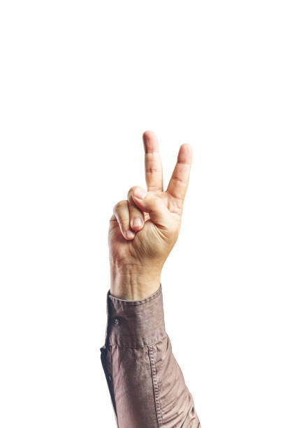 main de l’homme montrant des doigts sur fond blanc isolé en comptant le numéro 2 montrant deux doigts, faisant signe de victoire - second skin photos et images de collection