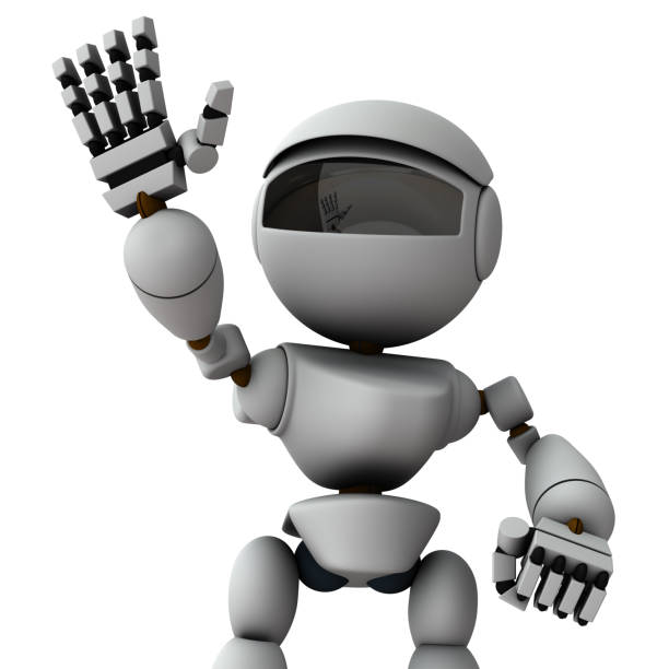 istock A white robot that raises his right hand. Call attention and try to stand out. Artificial intelligence that expresses its will and opinion. 3D rendering. White background. Upper body. 1367097444