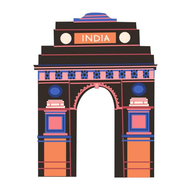 ilustrações de stock, clip art, desenhos animados e ícones de triumphal arch of india gate in new delhi. indian national architectural landmark. sacred place, religion and culture. anglo-afghan wars. memory of indian soldiers. flat style vector illustration. - taj mahal india gate palace