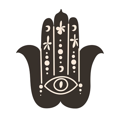 Indian symbol Hamsa hand. Hinduism, buddhism religion and culture.  Sacred philosophical sign. Yoga, meditation. Flat style in vector illustration.