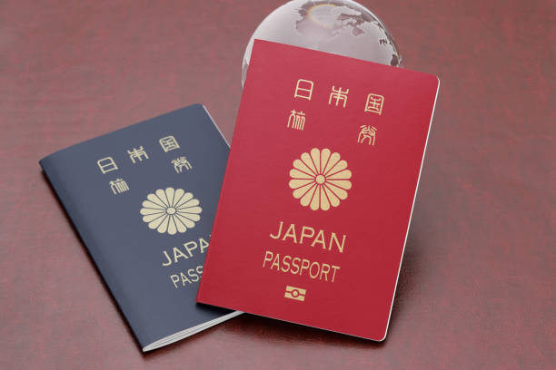 Japanese passport with glass globe stock photo