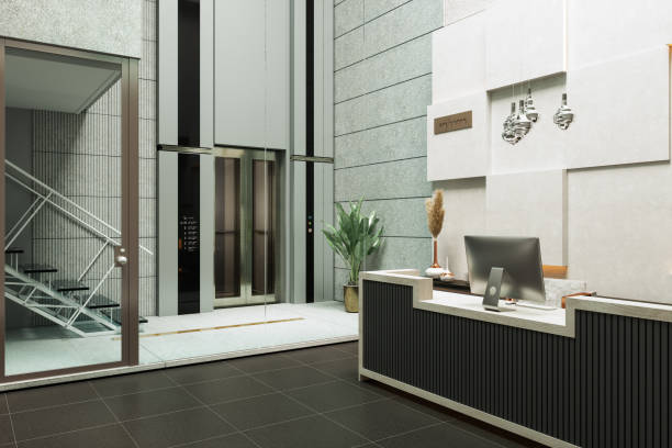 istock Modern Office Or Hotel Entrance With Reception Desk, Elevator And Stairs 1367098216