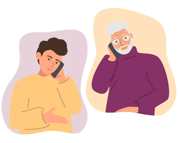 A male character communicates with his elderly father, grandfather or brother on a mobile phone. Family correspondence, dialogue. Family relationships. A male character communicates with his elderly father, grandfather or brother on a mobile phone. Family correspondence, dialogue. Family relationships. Trendy flat vector illustration. distant love stock illustrations