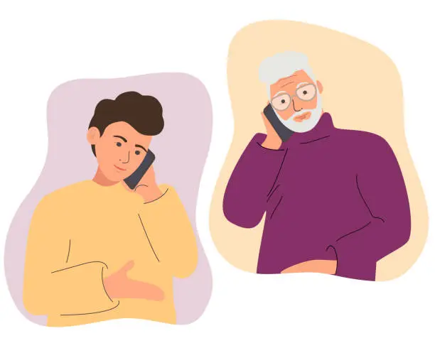 Vector illustration of A male character communicates with his elderly father, grandfather or brother on a mobile phone. Family correspondence, dialogue. Family relationships.