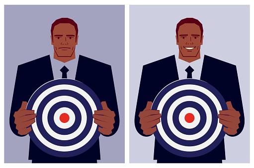 Characters Design Vector Art Illustration.
A strong businessman shows a goal (target or dartboard) with two different emotions.