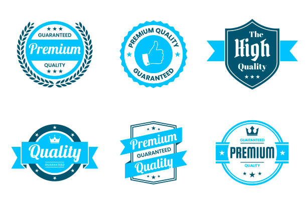 Set of 6 "Quality" Blue badges and labels, isolated on white background (Premium - Guaranteed Quality, Premium Quality Guaranteed, The High Quality, Quality - Guaranteed, Premium Quality - Guaranteed). Elements for your design, with space for your text. Vector Illustration (EPS10, well layered and grouped). Easy to edit, manipulate, resize or colorize.