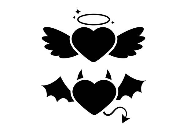Angel and devil or demon heart black icon set isolated on white background. Angel and devil or demon heart black icon set isolated on white background. Heart with horns, tail, wings and halo. Flat design simple clip art vector illustration. devil stock illustrations