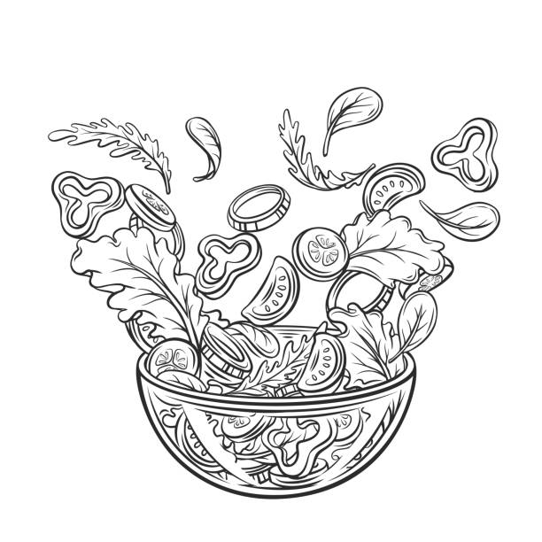 Salad falling into bowl Salad falling into bowl outline hand drawn vector illustration.. Flying salad with red tomatoes, pepper, cucumber, spinach and lettuce concept cooking salad bowl stock illustrations
