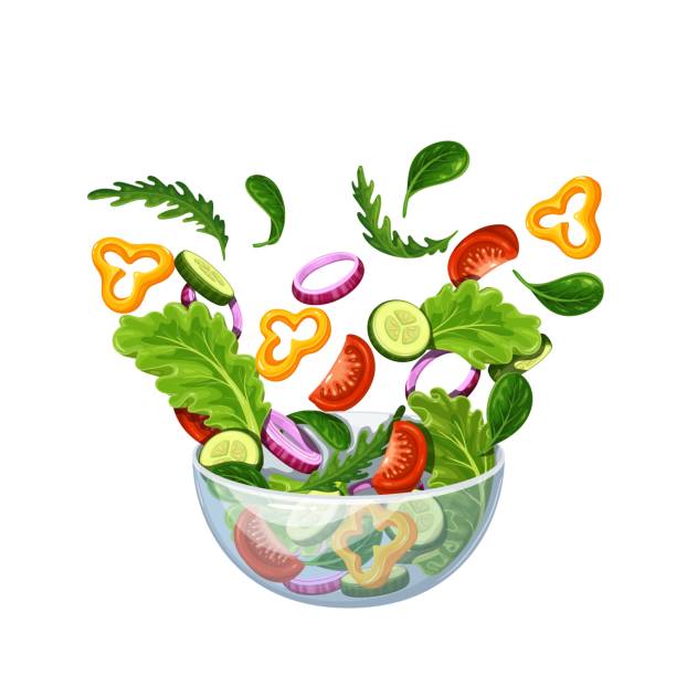 Salad falling into bowl Salad falling into bowl vector illustration. Flying salad with red tomatoes, pepper, cucumber, spinach and lettuce concept cooking salad bowl stock illustrations