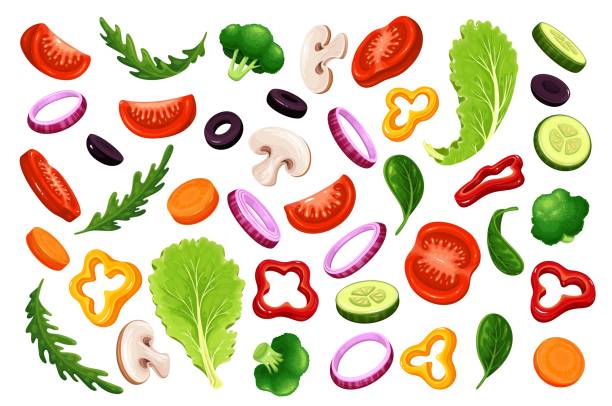 Flying or falling sliced vegetables Flying or falling sliced vegetables, lettuce and greens. Tomatoes, arugula, olives, cucumbers, peppers, broccoli, champignons, etc. Chopped vegetables for healthy cooking vector illustration. tomato slice stock illustrations