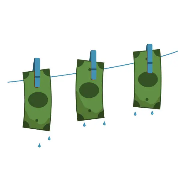 Vector illustration of Wet money to dry on a rope, hanging on clothespins. Concept: money laundering. Vector illustration, flat cartoon color minimal design isolated on white background, eps 10.