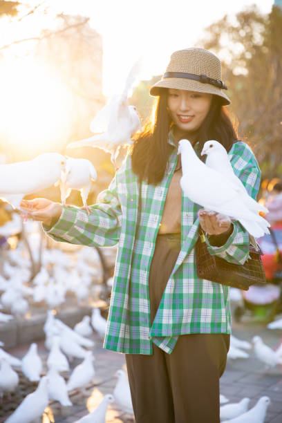 istock Young women feeding pigeons in park 1367109043