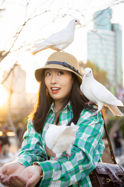 Pigeon standing on women head