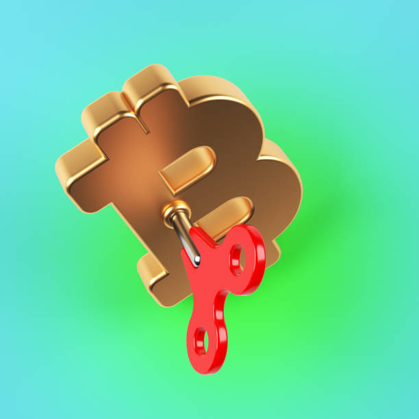 istock Red-colored wind-up key and bitcoin symbol. 1367109097