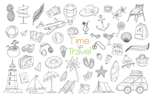 ilustraciones, imágenes clip art, dibujos animados e iconos de stock de •1/2-3/4-2-1/2o rgb - flying vacations doodle symbol