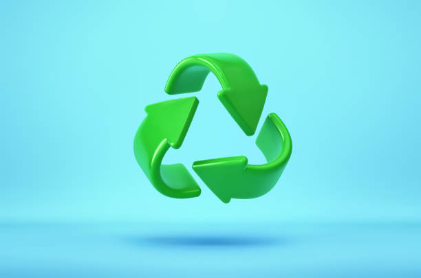 istock Green recycling symbol, recycle icon on blue background 1367110848