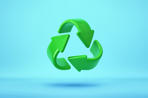 Green recycling symbol, recycle icon on blue background. 3D rendering