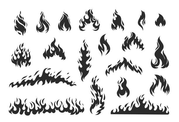 Fire flame silhouette Fire flame silhouette set. Icon flare bonfire, bright small and big fiery elements. Simple flaming elements vector illustration. appliance fire stock illustrations