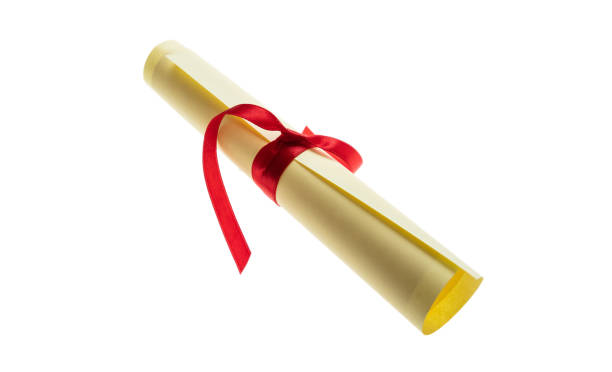 istock Degree scroll with red ribbon isolated on white. College paper certificate roll, University studies 1367113689