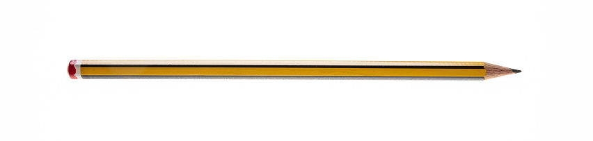 Wooden pencil long yellow black color isolated cutout on white background. Overhead view of sharpened wood pen for writing at work, college, school.