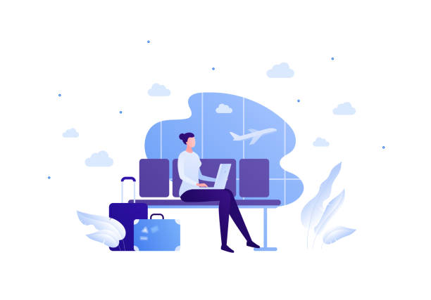 ilustrações de stock, clip art, desenhos animados e ícones de business travel concept. vector flat people illustration. young adult woman with laptop sitting and writing in departure lounge on airport terminal window with air plane background. - business class
