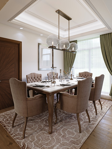 Dining table for six with soft brown chairs and a wooden server table and glass pendant light. 3d rendering.