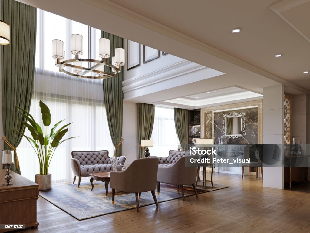 Living area in a large two-story house with luxurious quilted furniture side tables and a decorated console. Living area in a large two-story house with luxurious quilted furniture side tables and a decorated console. 3d rendering. Tall - High Stock Photo
