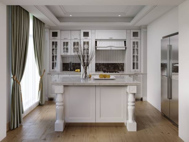 istock White kitchen island in a white classic kitchen with luxury kitchen furniture. 1367118006