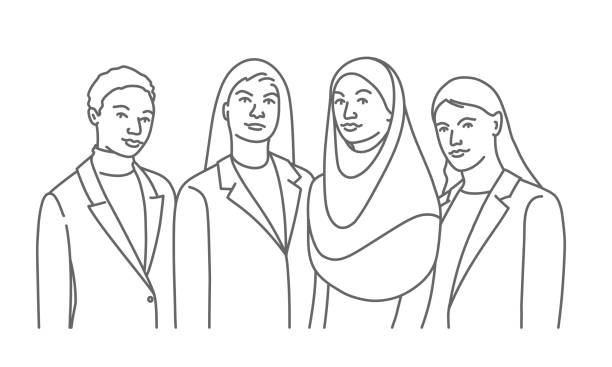 ilustraciones, imágenes clip art, dibujos animados e iconos de stock de mujeres empresarias de diferentes nacionalidades y culturas unidas. - middle eastern ethnicity illustrations