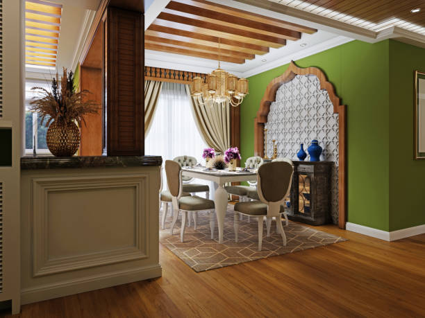istock White dining table with green chairs against the wall with arabic stucco pattern and wood framing in an arabic style interior. 1367119760