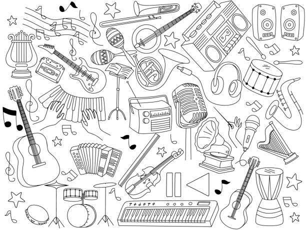 ilustraciones, imágenes clip art, dibujos animados e iconos de stock de conjunto de instrumentos musicales en estilo garabato - acordeón instrumento
