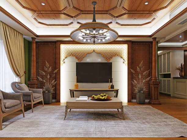 istock TV area with console and decorative wood wall in Arasan style. 1367121403