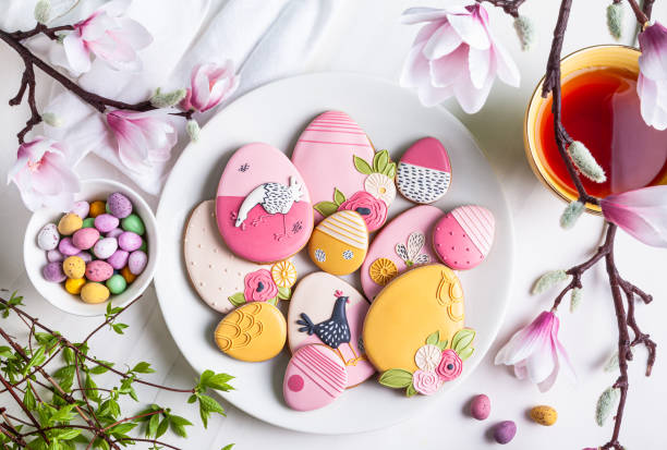 Handmade Easter gingerbread cookies and chocolate eggs.