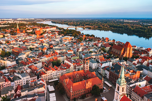 Aerial view of Torun cityscape during sunset in Poland