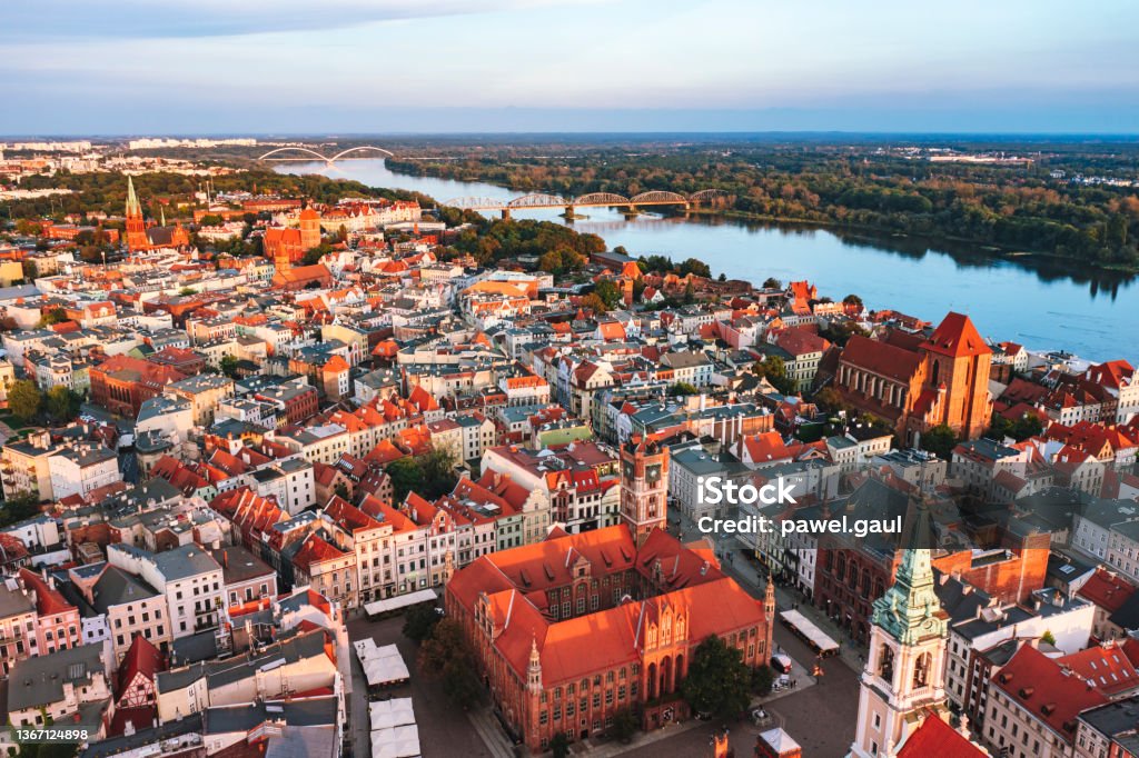 Aerial view of Torun cityscape during sunset in Poland Poland Stock Photo