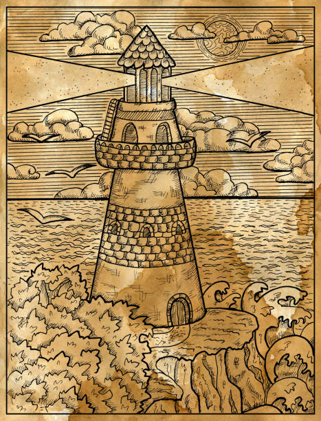 illustrations, cliparts, dessins animés et icônes de vieille illustration texturée en papier de la tour du phare sur le rocher de la falaise avec des arbres et des vagues. dessins nautiques vintage, concept marin, page de livre à colorier, t-shirt et tatouage graphique - sea storm lighthouse rough