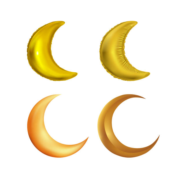 3D Golden Crescent Moon and Balloon Effect Half Moon Isolated on White Background 3D Golden Crescent Moon and Balloon Effect Half Moon Isolated on White Background half moon stock illustrations
