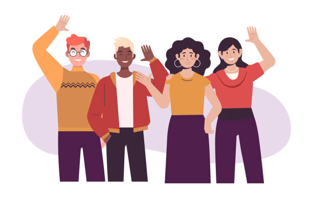 Hand drawn group of people waving illustration Vector illustration Hand drawn group of people waving illustration Vector illustration welcomed stock illustrations