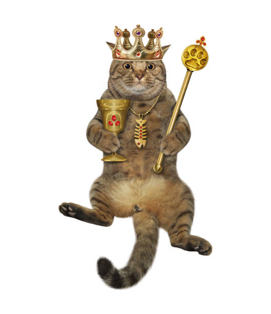 istock Cat in crown sitting with cup and scepter 1367127299