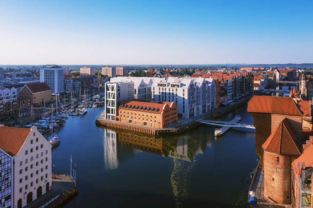 aerial view of gdansk old town with wyspa spichrzow in poland - gdansk stok fotoğraflar ve resimler