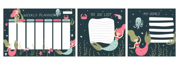 Vector illustration of Weekly planner. Mermaid cartoon notebook sheet, to do list and goals template, marine poster for girls, underwater childish stationery design, cute princess, seaweed and fishes vector isolated concept