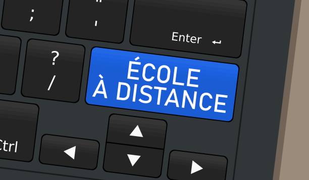 Ecole a distance, French language Ecole a distance, French language for remote school special button. Laptop keyboard conceptual illustration. Remote education, the new normal. ecole stock illustrations
