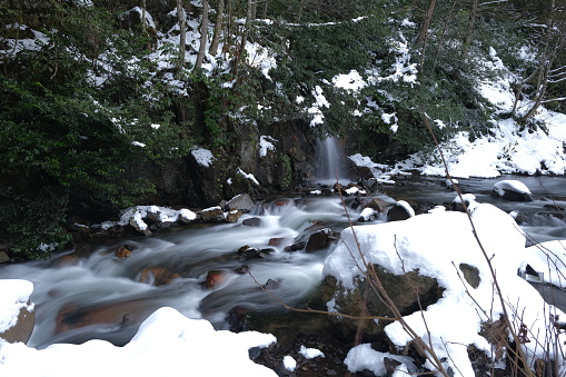 long exposure nature photo of snow and river of palovit waterfall local name is palovit selalesi. Winter and water flow at river.