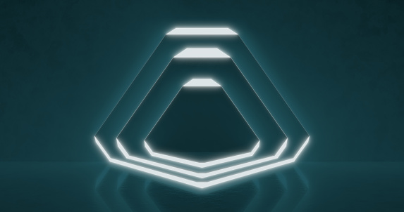 The flight of a neon triangle through an endless luminous tunnel. Design with neon glowing hexagons. 3d render