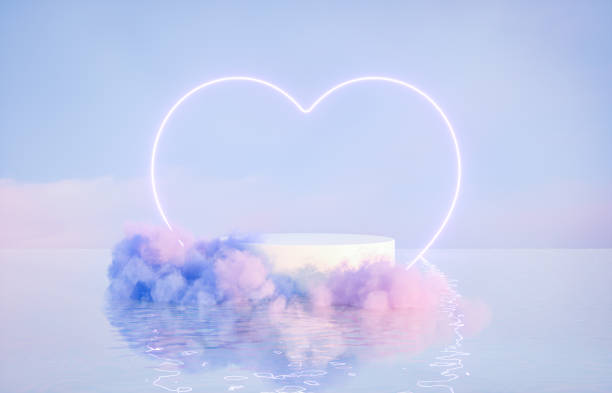 Natural beauty podium backdrop for product display with dreamy cloud and neon light background.