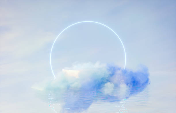 Natural beauty podium backdrop for product display with dreamy cloud and neon light background.