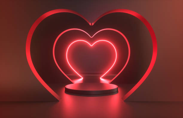 istock Beauty fashion podium backdrop with heart shape neon frame. 1367132554