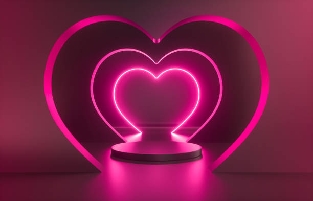 sfondo podio di moda di bellezza con cornice al neon a forma di cuore. - romantic scene foto e immagini stock