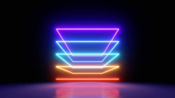 istock 3d render. Abstract neon background with simple square geometric shapes, colorful spectrum lines glowing in the dark 1367132646