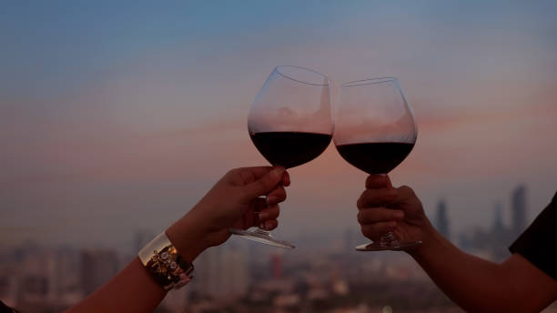 close-up do casal young tem jantar romântico com taças de vinho em um ambiente de restaurante na vista do telhado - drinking couple bar counter bar - fotografias e filmes do acervo